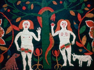 Swedish embroidery of Adam, Eve, and the serpent by Unbekannt