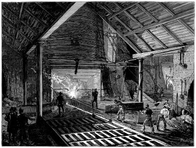Tapping a Blast Furnace and Running Molten Iron into the Pigs, c1885 by Unbekannt
