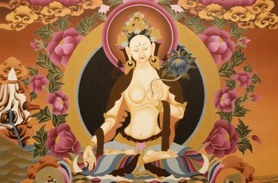 Thangka depicting White Tara goddess, Buddhist symbol of long life, Bhaktapur, Nepal by Unbekannt