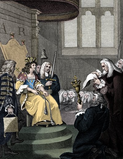 The Act of Union between England and Scotland being read before Queen Anne by Unbekannt