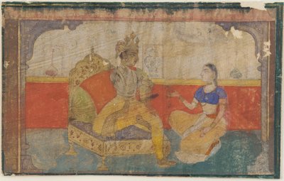 The lover Krishna in conversation with the messenger from the beloved, from a Rasikapriya by Unbekannt