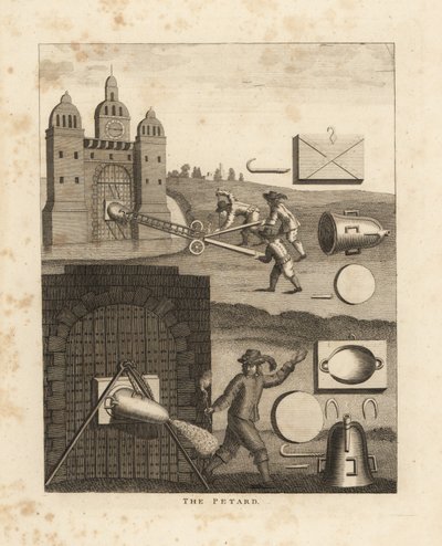 The petard, a medieval explosive device in the form of a metal cone filled with gunpowder attached to a gate to blow it open by Unbekannt