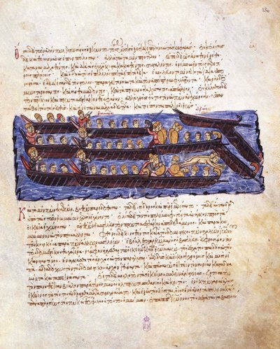 The Repulsion of the Russian Attack on Constantinople in 941 by the Byzantine Fleet (Miniature) by Unbekannt