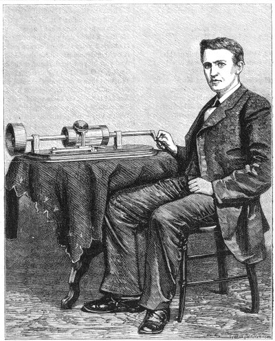Thomas Alva Edison with an Early Hand-Driven Model of His Phonograph by Unbekannt