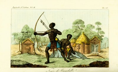 Two Luanda men of Cancobella, Angola, with bows and arrows, in front of dwellings, huts, sacred fetish altars, etc. by Unbekannt