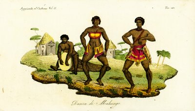 Two Mahungo women dancing the semba to music from a drum carved from a log in Angola by Unbekannt