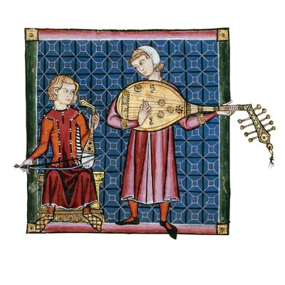 Two Minstrels. Illustration from the Codex of the Cantigas de Santa Maria by Unbekannt