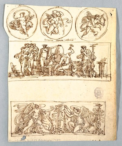 Venus at Forge of Vulcan, Winter, Victories and Three Roundels, Putti as Elements by Unbekannt