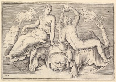 Woman and Man Seated on Lionskin, Man Pouring Wine by Unbekannt