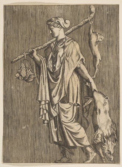 Woman returning from a hunt carrying a boar in her left hand and a stick on her r..., ca. 1515-1600 by Unbekannt