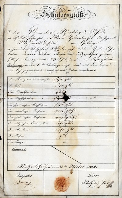 Year-end school report of the elementary school on Sunday of a pupil (Monika Haltenberger, daughter of the sacristan), of an elementary school dated 24 September 1840, Academie de Geretsried, Haute Baviere in Germany, Europe by Unbekannt