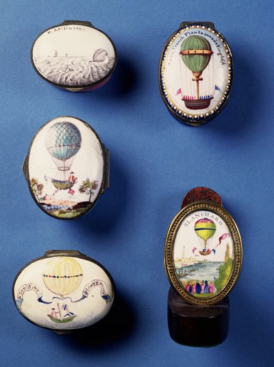 English Enamel Patch Boxes, Depicting Hot-Air Balloons; Gilt Metal Swordcloak Peg Portraying Blanchard