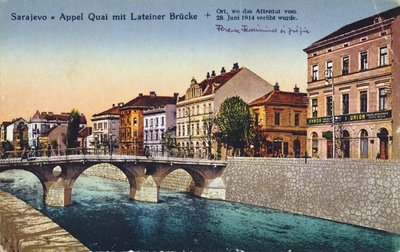 Postcard Depicting Sarajevo, the Appel Quay and the Lateiner Bridge, Site of the Assassination of Archduke Franz-Ferdinand and His Wife Sophie on 28 June 1914, c. 1920 by Unbekannt Unbekannt