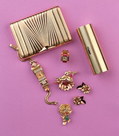 Selection of Art Deco jewellery: two cigarette cases; ruby cluster flower brooch and earrings; cocktail watch by Unbekannt Unbekannt