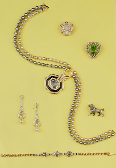 Selection of jewellery: Art Deco style cultured pearl necklace with yellow and blue sapphires; diamond and pearl pendant earrings; opal and rose diamond cluster star brooch; rose diamond poodle brooch by Unbekannt Unbekannt