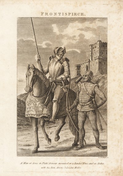 A Man at Arms in Plate Armour Mounted on a Barded Horse and an Archer in Chainmail with His Bow, Arrows and Leaden Mallet by Unbekannt