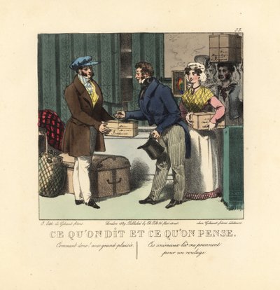 A Line of People Bringing Boxes and Crates to a Porter. He says, Of course, with pleasure. He thinks, These animals take me for a conveyor belt! Handcoloured lithograph by the Gihaut brothers after an illustration by Swiss artist Jean Gabriel Scheffer from by Unbekannter Künstler