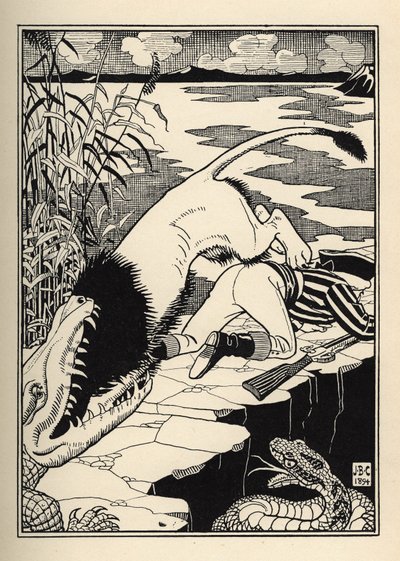 A lion who wanted to attack the Baron de Munchausen ended up with a crocodile. Illustration by William Strang and JB Clark from The Adventures of the Baron of Munchausen by Rudolf Erich Raspe by Unbekannt