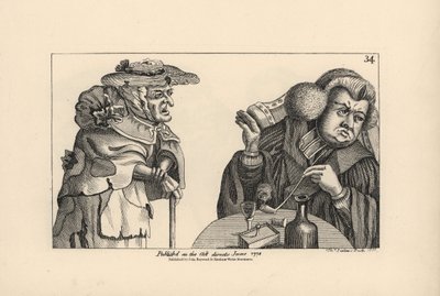 A plump rich vicar with tobacco pipe and liquor ignores the entreaties of a poor old woman. Copperplate engraving by Thomas Sanders after a satirical illustration by Timothy Bobbin (John Collier) from Human Passions Delineated, John Haywood, Manchester by Unbekannter Künstler