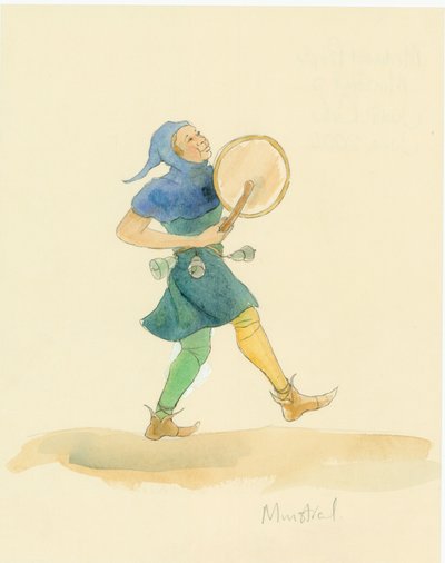 A Reconstruction Drawing of a Medieval Minstrel Playing a Percussion Instrument, Possibly a Tabor by Unbekannter Künstler