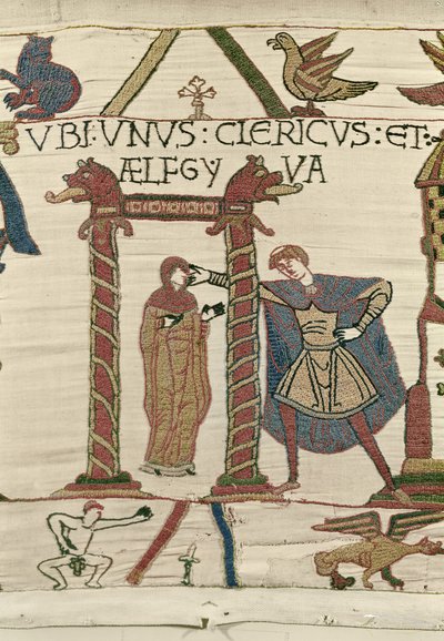Aelfgyva with a priest, Bayeux Tapestry (wool embroidery on linen) by Unbekannt