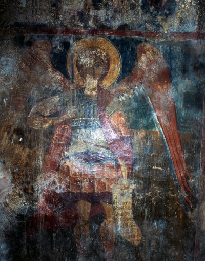 Angel, fresco in Byzantine church of Agios Constantinos and Agia Eleni, Voukolies, Crete, Greece by J.B. and Brown J. Rowbotham