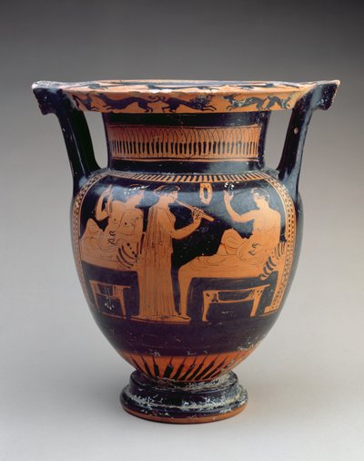 Attic Red-Figure Column Krater with a Symposium Scene of a Flute Player Between Two Reclining Males, Greek, c.420 BC by Unbekannt