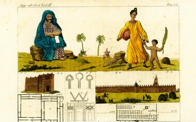 Auguste Rene Caillie pretending to study the Koran to sketch the mosque in Timbuktu, Mali, with woman in cotton robe and naked child with palm frond by Unbekannt