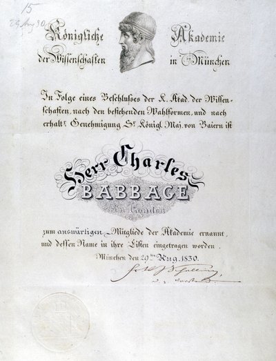 Babbage Honorary Diploma Awarded to Charles Babbage by Unbekannt