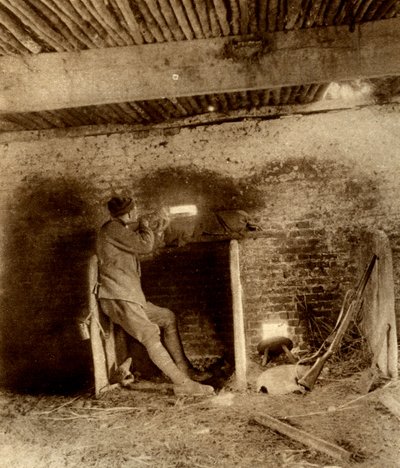 British Sniper lying in wait in a loop-holed stable by Unbekannt