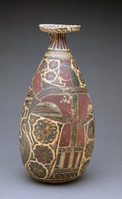 Corinthian black-figured alabastron, with a winged 