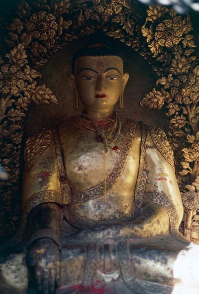 Crypt with statue of Buddha, Swayambhunath (Monkey Temple), Kathmandu Valley (Unesco World Heritage List) by William M. Timlin