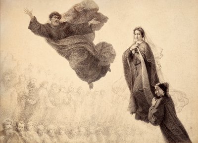 Dante and Beatrice meet St. Peter. Illustration of Canto XXIV in Paradiso of The Divine Comedy by Dante Alighieri. Work of Francesco Scaramuzza dedicated to the Municipality of Florence by Unbekannter Künstler