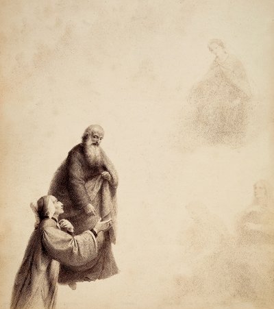 Dante, assisted by St. Bernard, sees Beatrice seated on a throne amidst the blessed, in a halo of light. Illustration of Canto XXXI in Paradiso of The Divine Comedy by Dante Alighieri. Work of Francesco Scaramuzza dedicated to the Municipality of Florence by Unbekannter Künstler