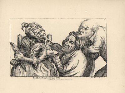 Dentist laughing as he uses pincers to pull a bad tooth from the mouth of an old woman. Copperplate engraving after a satirical illustration by Timothy Bobbin (John Collier) from Human Passions Delineated, John Haywood, Manchester by Unbekannter Künstler
