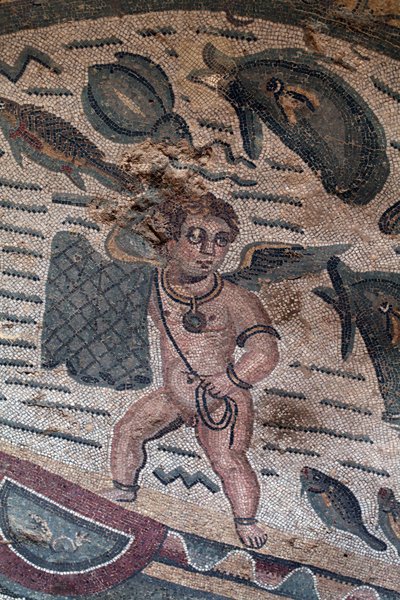 Detail of the fishing Putti mosaic. Net fishery. 3rd - 4th century. Roman Villa of the Casale, Sicily. UNESCO site. by William M. Timlin