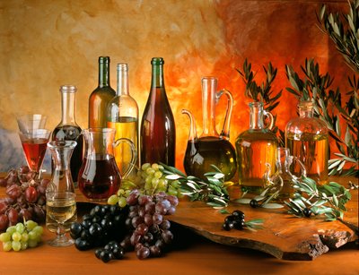 Diet: Still Life with Wine Decanters, Bunches of Grapes, Oil Bottles, and Olives by William M. Timlin