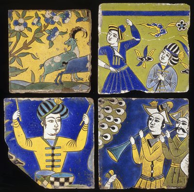 Four Saffavid cuerda seca tiles, depicting two ibex, and the figures of musicians and dancers by Unbekannt