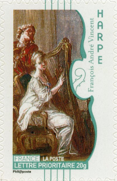 French postage stamp showing a woman playing the harp, from a painting by French artist François-André Vincent by Unbekannt
