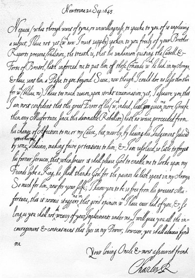 Friendly letter from Charles I to his nephew, Prince Maurice, written at Newtown, Powys, Wales, 20 September by Unbekannt