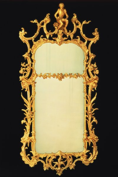 George III Giltwood Pier Mirror, with Two Plates, Elaborate Cresting, Centred by the Figure of a Monkey on a Rockwork Stand, c.1765 by Unbekannt