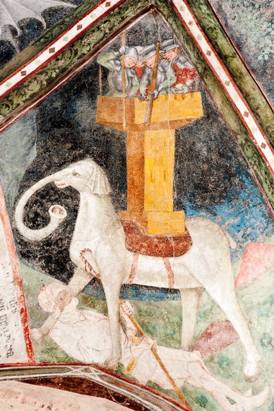 Gothic fresco; Eleazar Awaran kills the War Elephant Soliman and is crushed by it; 3. Cloister; Cathedral; Brixen; South Tyrol; Italy; Europe by Unbekannt