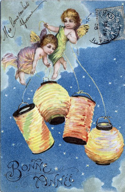Happy New Year Greeting Card: Two Angels with Lanterns - Postcard dated 1905 by Unbekannt