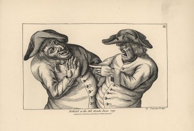 Hodge and Roaf accuse each other of leaving a pot of piss in place of a jug of ale. Copperplate engraving by Thomas Sanders after a satirical illustration by Timothy Bobbin (John Collier) from Human Passions Delineated, John Haywood, Manchester by Unbekannter Künstler