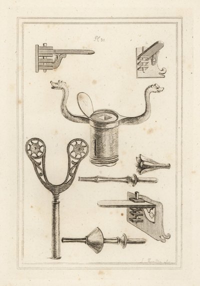 Lance rest, musket rest, coronel from a tilting lance, staff or handle of a tilting lance with hand protector, and tilting lance without hand protector by Unbekannt