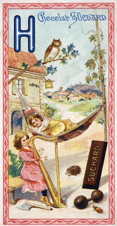 Letter H: Hotel, owl, hammock, harp, axe, hedgehog, hops, dumbbells, chabbing, hamlet. Engraving of the Alphabet edited by Chocolat Suchard, beginning of the 20th century. by Unbekannt
