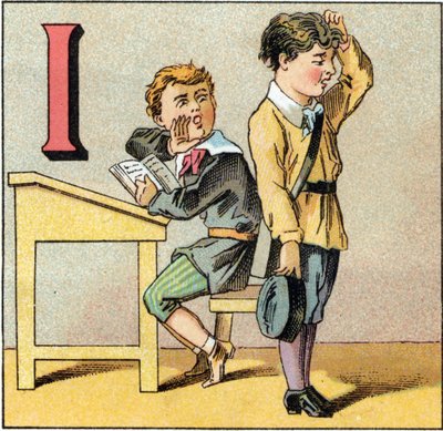 Letter I as ignorance. A student questions has forgotten his lecture and repeats what one of his comrades blows. Engraving in "Alphabet des petits ecoliers". Imaging of Epinal, circa 1885 by Unbekannt