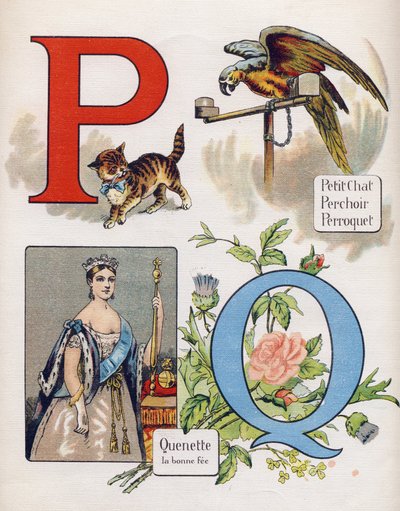 Letter P and Q: little cat, perch, parrot and quenet, the right fee. Engraving in "ABC L