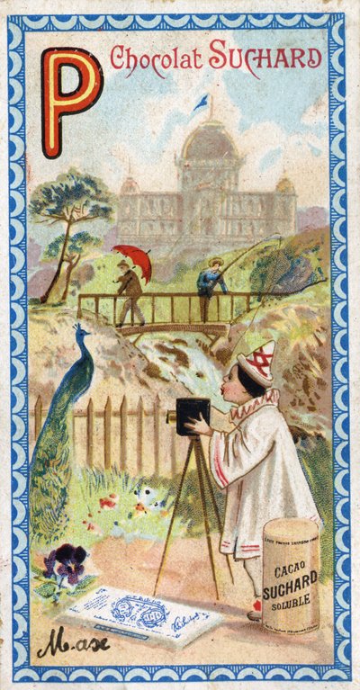 Letter P: palace, pavilion, umbrella, photographer, bridge, fishing, peacock, pensee. Engraving of the Alphabet edited by Chocolat Suchard, beginning of the 20th century by Unbekannt