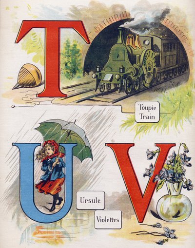 Letter T, U and V: Top, Train, Ursula and Violet. Engraving in 